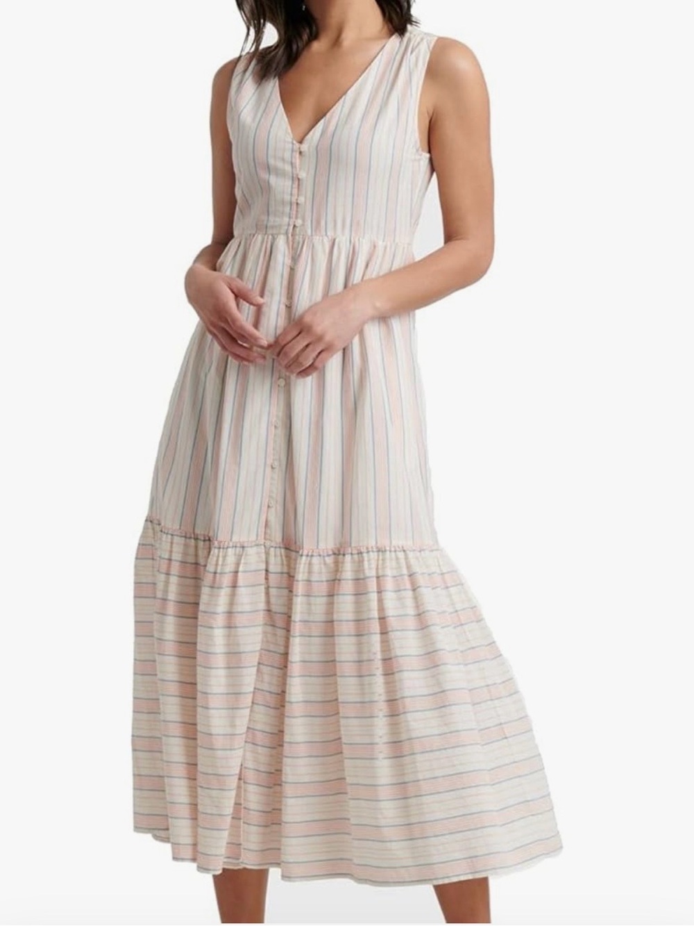 NWT-Lucky Brand Women’s Luna Button Through Sleeveless Midi Pastel Striped Dress